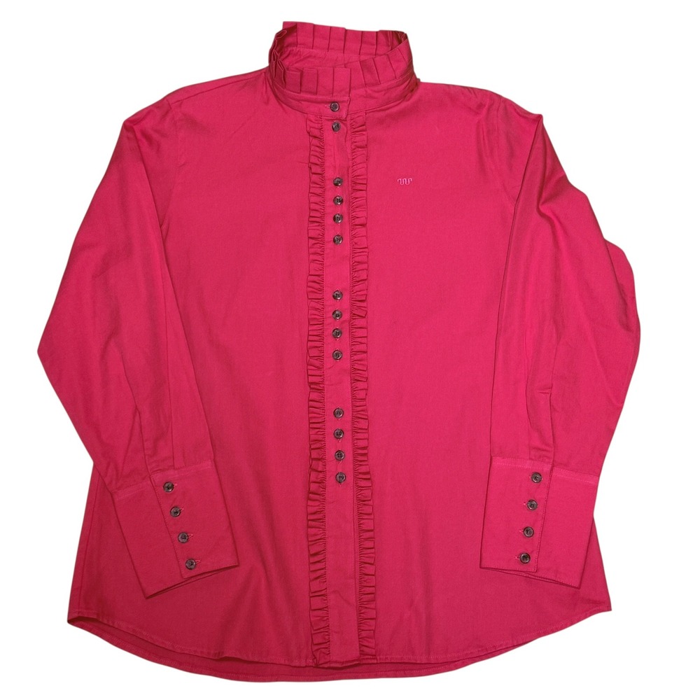 King Ranch Pink Cotton Ruffle Mock Neck Western Field Shirt Blouse Long Size XL‎